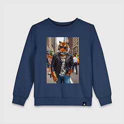 Свитшот хлопковый детский Cool tiger on the streets of New York - ai art, цвет: тёмно-синий