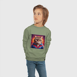 Свитшот хлопковый детский Полосатый кот в спортивной куртке, цвет: авокадо — фото 2