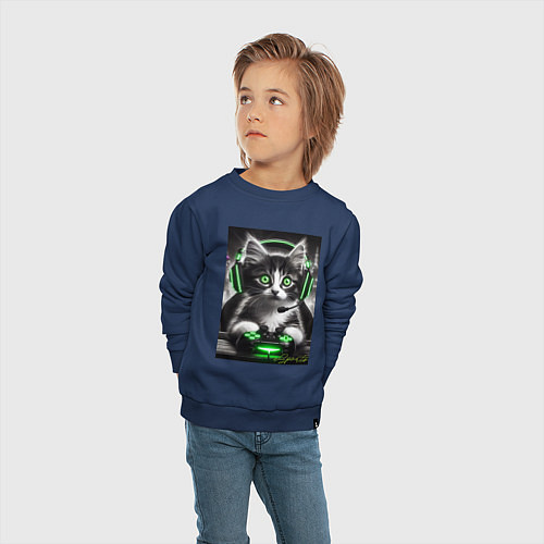 Детский свитшот Котёнок командный геймер - киберспорт / Тёмно-синий – фото 4