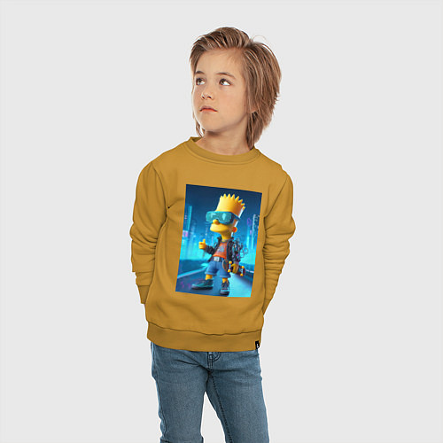 Детский свитшот Барт Симпсон в неоновом городе со скейтбордом - не / Горчичный – фото 4