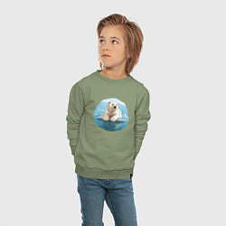 Свитшот хлопковый детский Задумчивый белый медведь на льдине, цвет: авокадо — фото 2