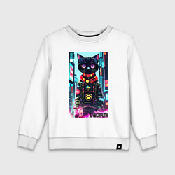 Свитшот хлопковый детский Котёнок в мегаполисе - киберпанк, цвет: белый