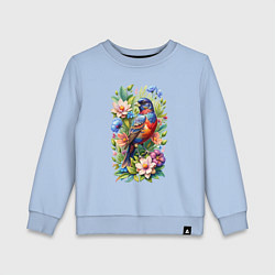 Свитшот хлопковый детский Расписной овсянковый кардинал среди цветов, цвет: мягкое небо