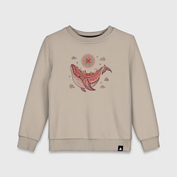 Свитшот хлопковый детский Кит и солнце в стиле мезенской росписи, цвет: миндальный