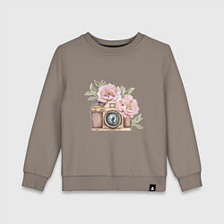 Свитшот хлопковый детский Фотоаппарат с пионами, цвет: утренний латте