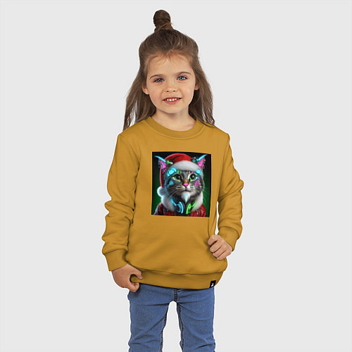 Детский свитшот Новогодний кибер котик - нейроарт / Горчичный – фото 3