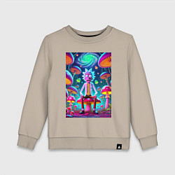Свитшот хлопковый детский Рик среди неоновых грибов - нейроарт фантазия, цвет: миндальный