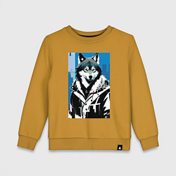 Свитшот хлопковый детский Волк в мегаполисе - нейроарт, цвет: горчичный