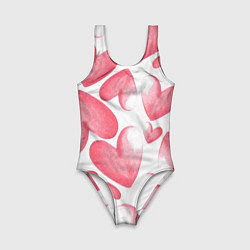 Купальник для девочки Розовые акварельные сердца - паттерн, цвет: 3D-принт