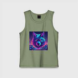 Майка детская хлопок Волк в неоновых лучах киберпанк-города, цвет: авокадо