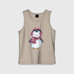 Майка детская хлопок Милый пингвин в наушниках, цвет: миндальный
