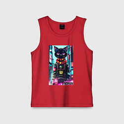 Майка детская хлопок Котёнок в мегаполисе - киберпанк, цвет: красный