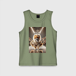 Майка детская хлопок Милый Шпиц в шикарном платье на подиуме - показ мо, цвет: авокадо