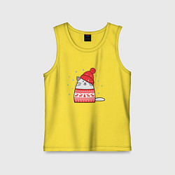 Майка детская хлопок Кот в свитере с оленями и красной шапке, цвет: желтый