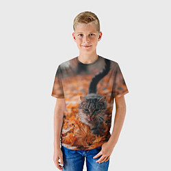 Футболка детская Мяукающий кот осенние листья, цвет: 3D-принт — фото 2