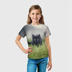 Футболка детская Черный кот на лугу, цвет: 3D-принт — фото 2