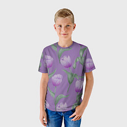 Футболка детская Фиолетовые тюльпаны с зелеными листьями, цвет: 3D-принт — фото 2
