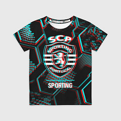 Футболка детская Sporting FC в стиле Glitch на темном фоне, цвет: 3D-принт