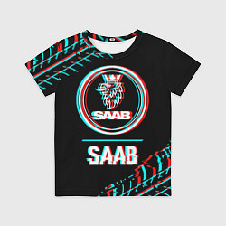 Футболка детская Значок Saab в стиле Glitch на темном фоне, цвет: 3D-принт