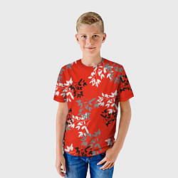 Футболка детская Черные и серые ветки на красном фоне в японском ст, цвет: 3D-принт — фото 2