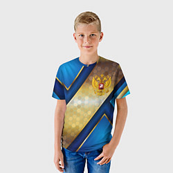 Футболка детская Золотой герб России на синем объемном фоне, цвет: 3D-принт — фото 2