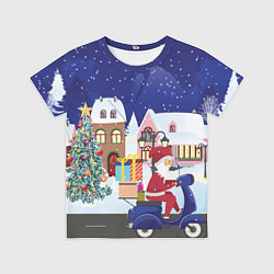 Футболка детская Дед Мороз едет на скутере с подарками в Новогоднюю, цвет: 3D-принт