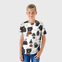 Футболка детская Черные котики новогодний узор, цвет: 3D-принт — фото 2