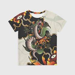 Футболка детская Змея в японских пионах, цвет: 3D-принт