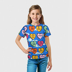 Футболка детская Валентинки конфетки сердечки с посланиями, цвет: 3D-принт — фото 2