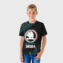 Футболка детская Значок Skoda в стиле glitch на темном фоне, цвет: 3D-принт — фото 2