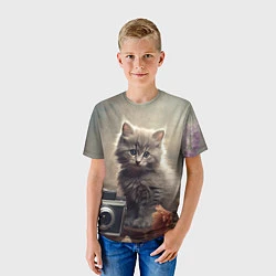 Футболка детская Серый котенок, винтажное фото, цвет: 3D-принт — фото 2