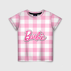 Футболка детская Барби лого розовая клетка, цвет: 3D-принт