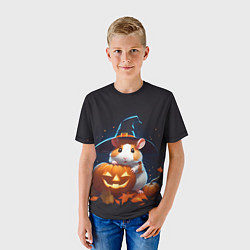 Футболка детская Хомяк в шляпе ведьмы и тыква на Хэллоуин, цвет: 3D-принт — фото 2