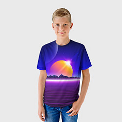 Футболка детская Mountains - sun - space - vaporwave, цвет: 3D-принт — фото 2