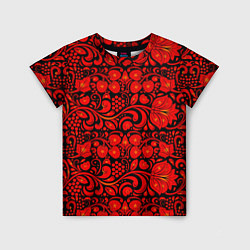 Футболка детская Хохломская роспись красные цветы и ягоды на чёрном, цвет: 3D-принт