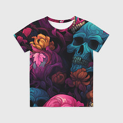 Футболка детская Яркие цветы с черепами, цвет: 3D-принт