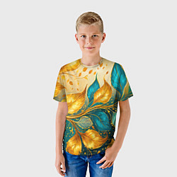 Футболка детская Листья абстрактные золото и бирюза, цвет: 3D-принт — фото 2