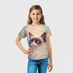 Футболка детская Мемный кот Grumpy Cat с нимбом, цвет: 3D-принт — фото 2