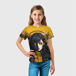 Футболка детская Девушка в стиле аниме в куртке на жёлтом фоне, цвет: 3D-принт — фото 2