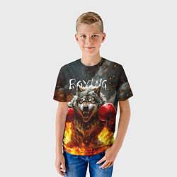Футболка детская Волк боксер в огне, цвет: 3D-принт — фото 2