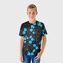 Футболка детская Сине-серые шестиугольники на чёрном фоне, цвет: 3D-принт — фото 2