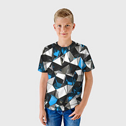 Футболка детская Сине-белые рельефные треугольники на чёрном фоне, цвет: 3D-принт — фото 2
