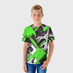 Футболка детская Бело-зелёный техно паттерн на чёрном фоне, цвет: 3D-принт — фото 2