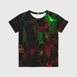 Футболка детская Красно-зелёные точки и линии на чёрном фоне, цвет: 3D-принт