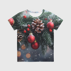 Футболка детская Красные игрушки на елке и шишки, цвет: 3D-принт