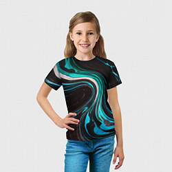 Футболка детская Волнистые бело-голубые линии на чёрном фоне, цвет: 3D-принт — фото 2