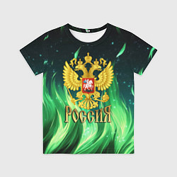 Футболка детская Россия на фоне зеленого огня, цвет: 3D-принт
