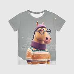 Футболка детская Новогодняя лошадка хипстер, цвет: 3D-принт