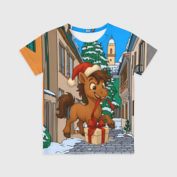 Футболка детская Лошадка распаковывает новогодний подарок, цвет: 3D-принт