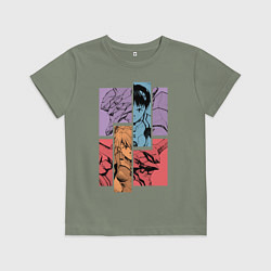 Футболка хлопковая детская Аска и Синдзи, Евангелион, цвет: авокадо